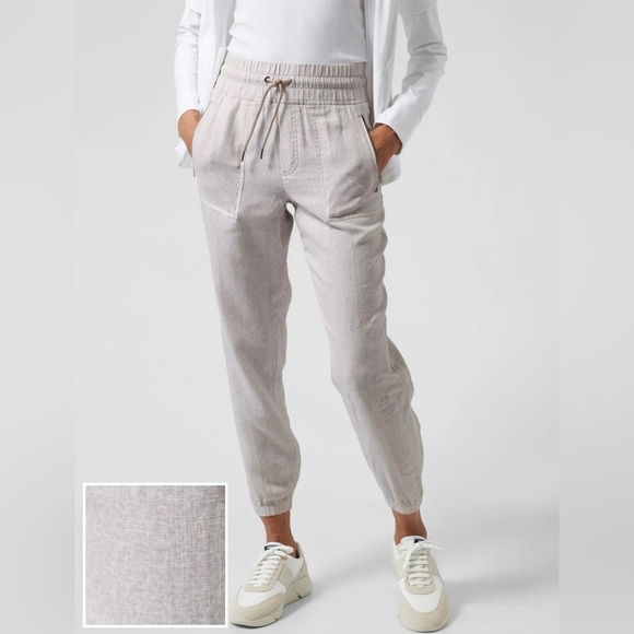 Athleta Pants - Athleta Cabo 100% Linen Micro Cheetah Beige Gray Zipper Pocket Pants Women’s 14